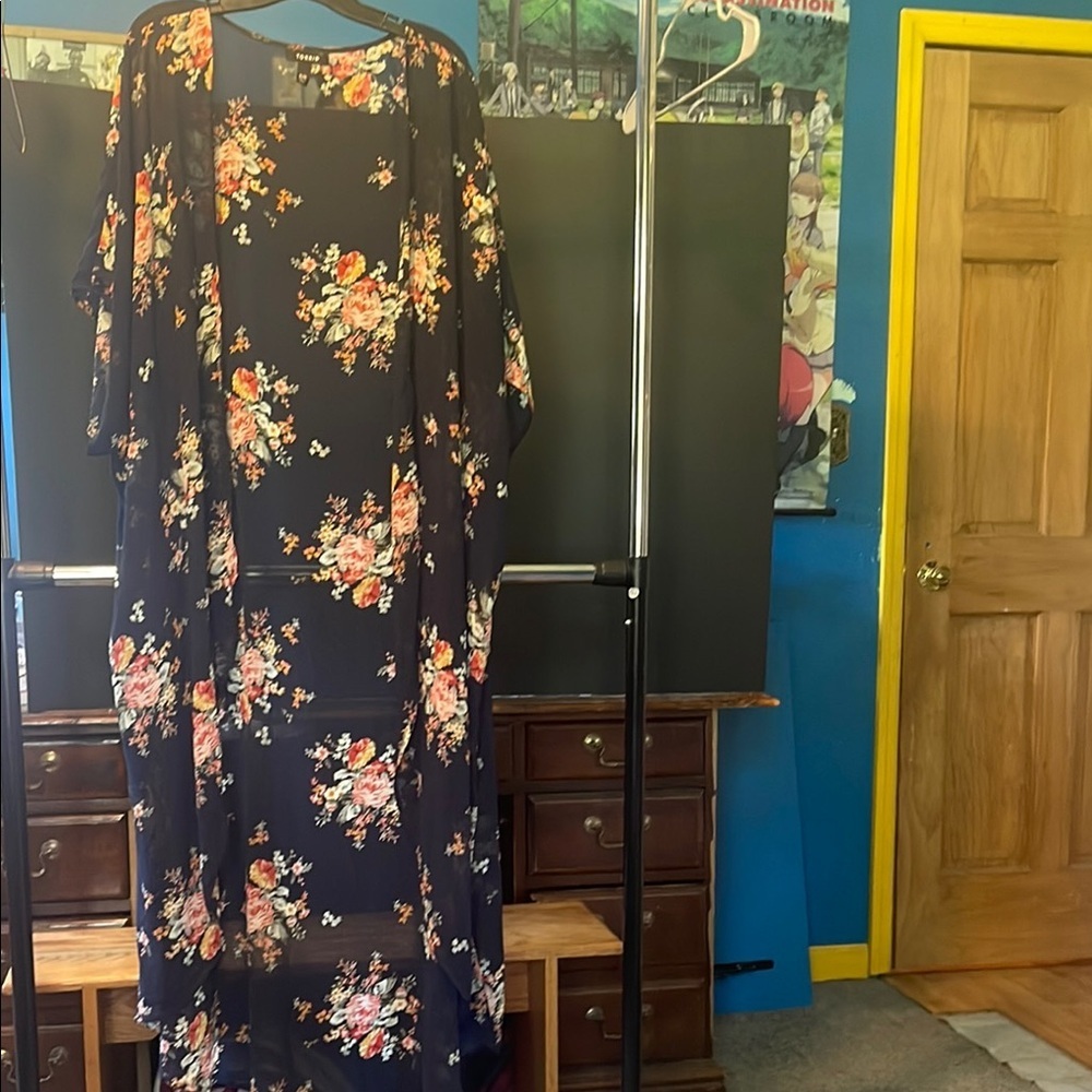 Torrid Duster Cardigan Womens Size 5/6 Blue Floral Open Front Sheer Kimono Hi-Lo